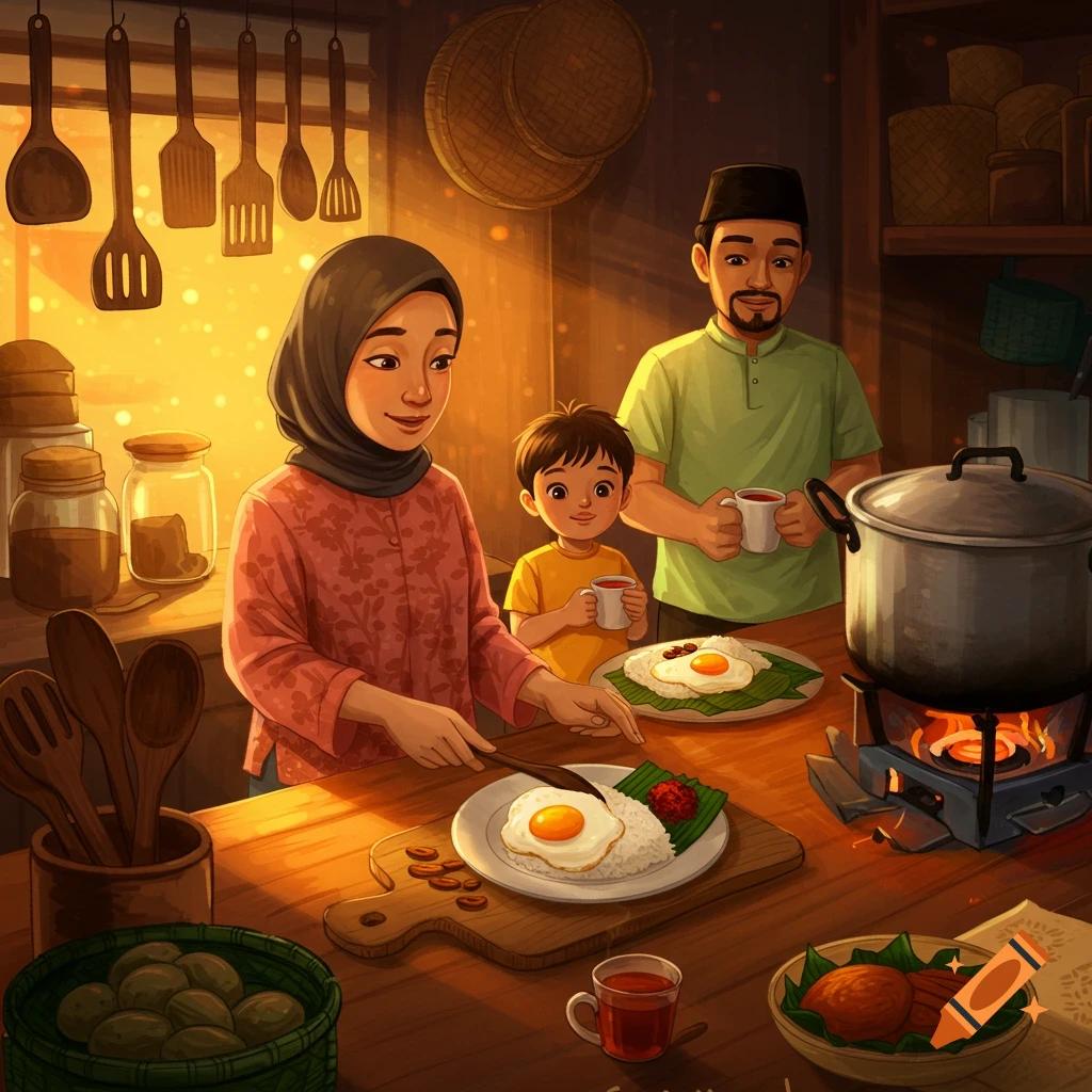 Illustration of a family cooking and eating in a kitchen.
