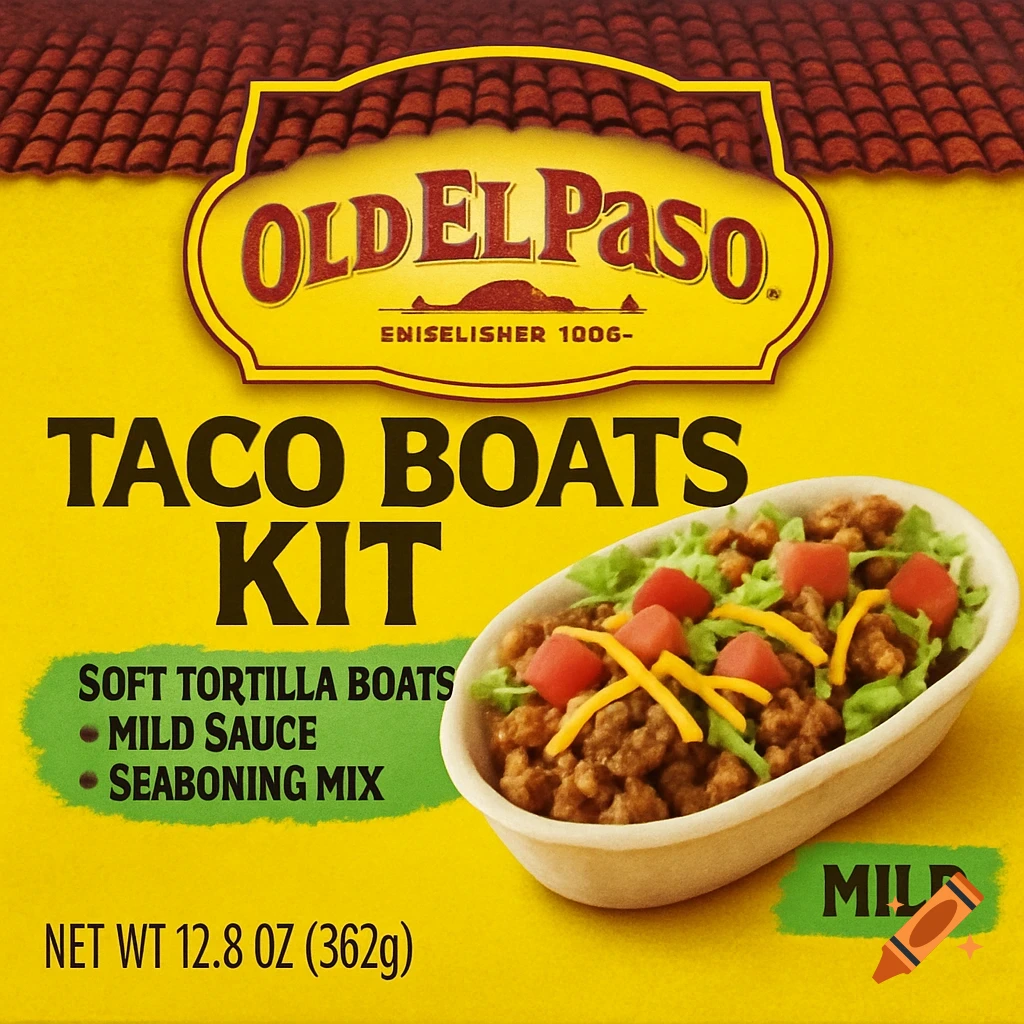 Old El Paso Taco Boats Kit box with image of taco boats on a yellow background.
