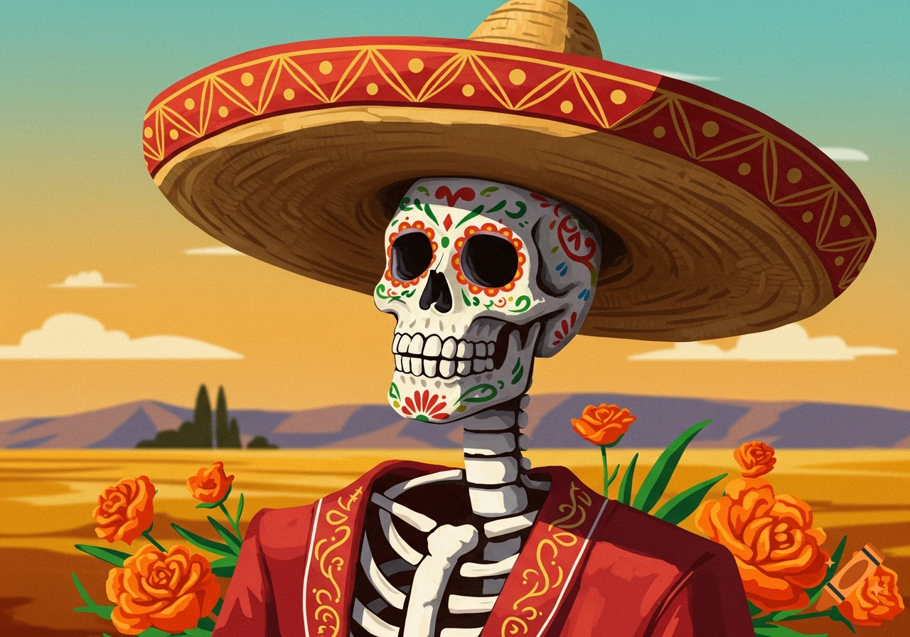 Stylized illustration of a skeleton in a sombrero and red jacket with Day of the Dead face paint, surrounded by marigolds in a desert landscape.