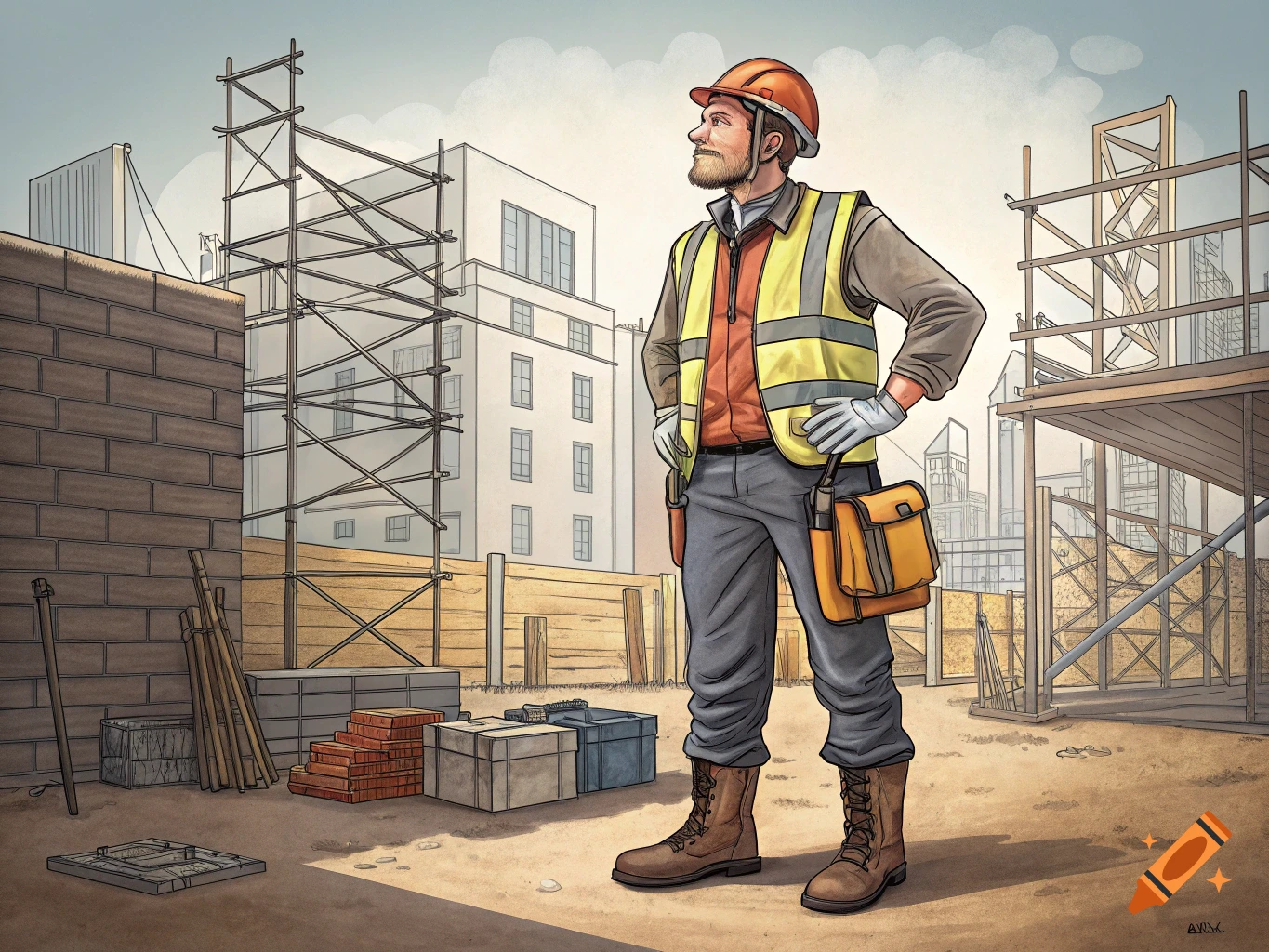 Stylized illustration of a construction worker standing at a building site.