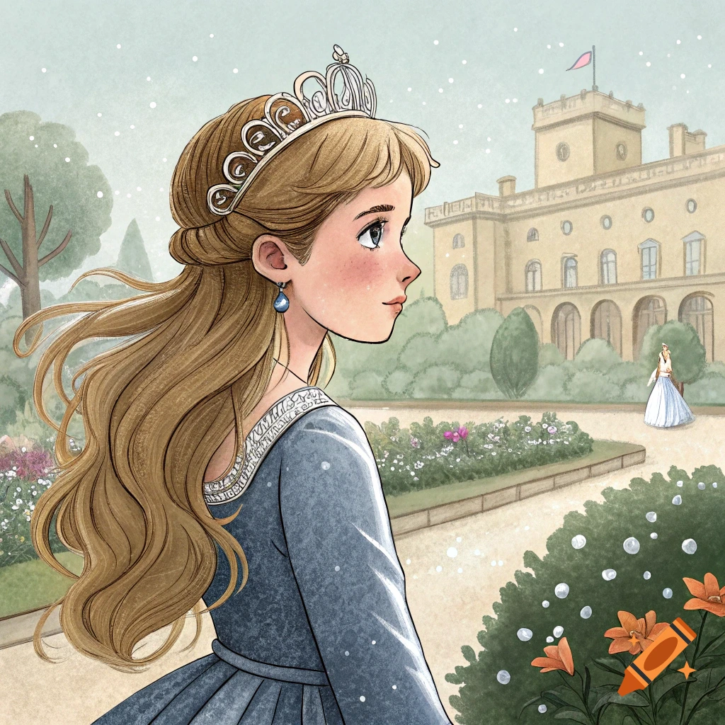 Illustration of a young woman in a blue dress and tiara looking away in ...