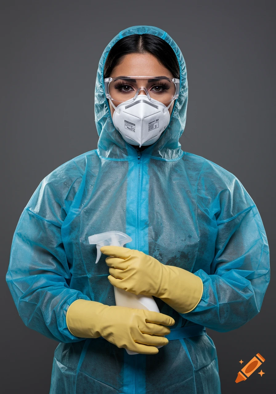 Person in blue hazmat suit, mask, goggles, and yellow gloves holds a spray bottle.