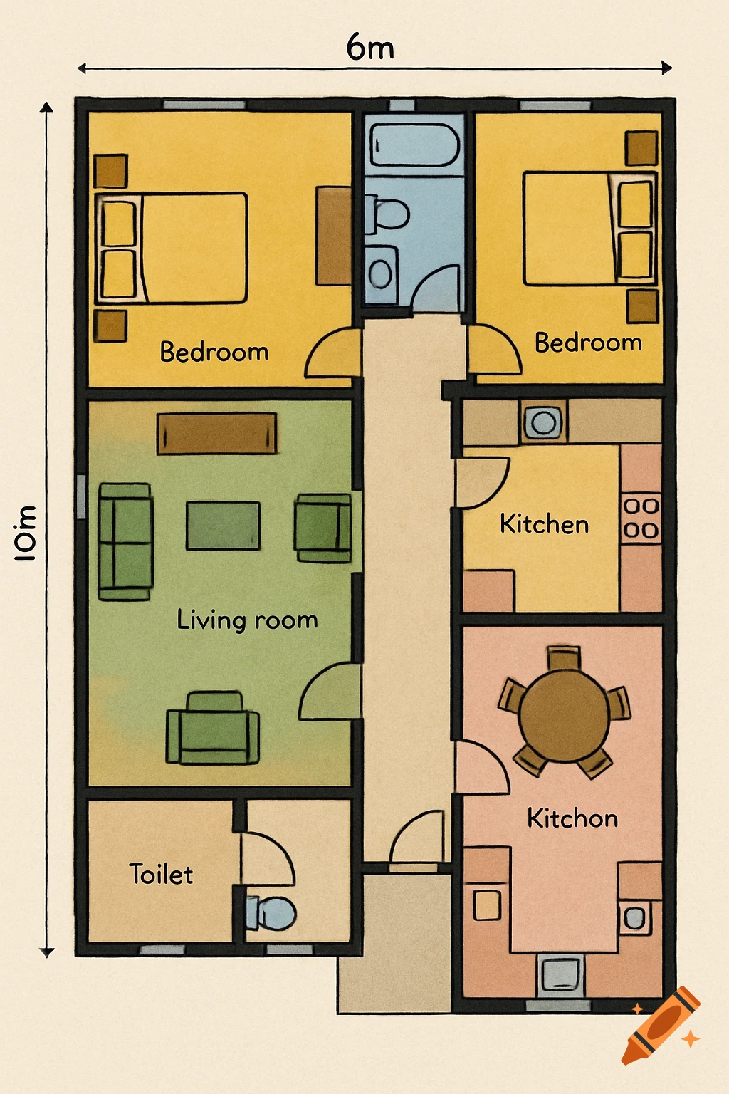 Hand-drawn floor plan of a 6m x 10m house with two bedrooms, living room, toilet, and two kitchen areas.