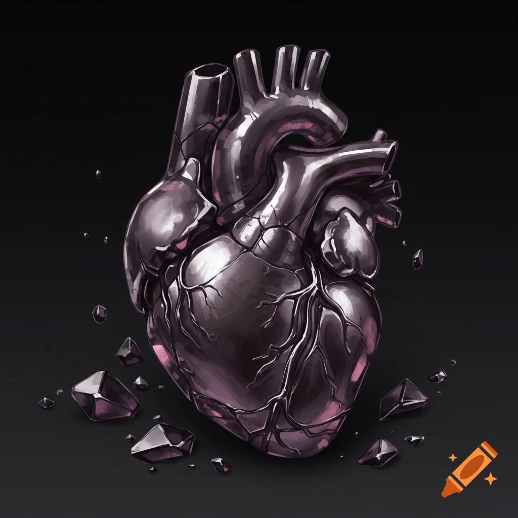 Dark purple crystal shards forming a fragmented human heart on a black background.