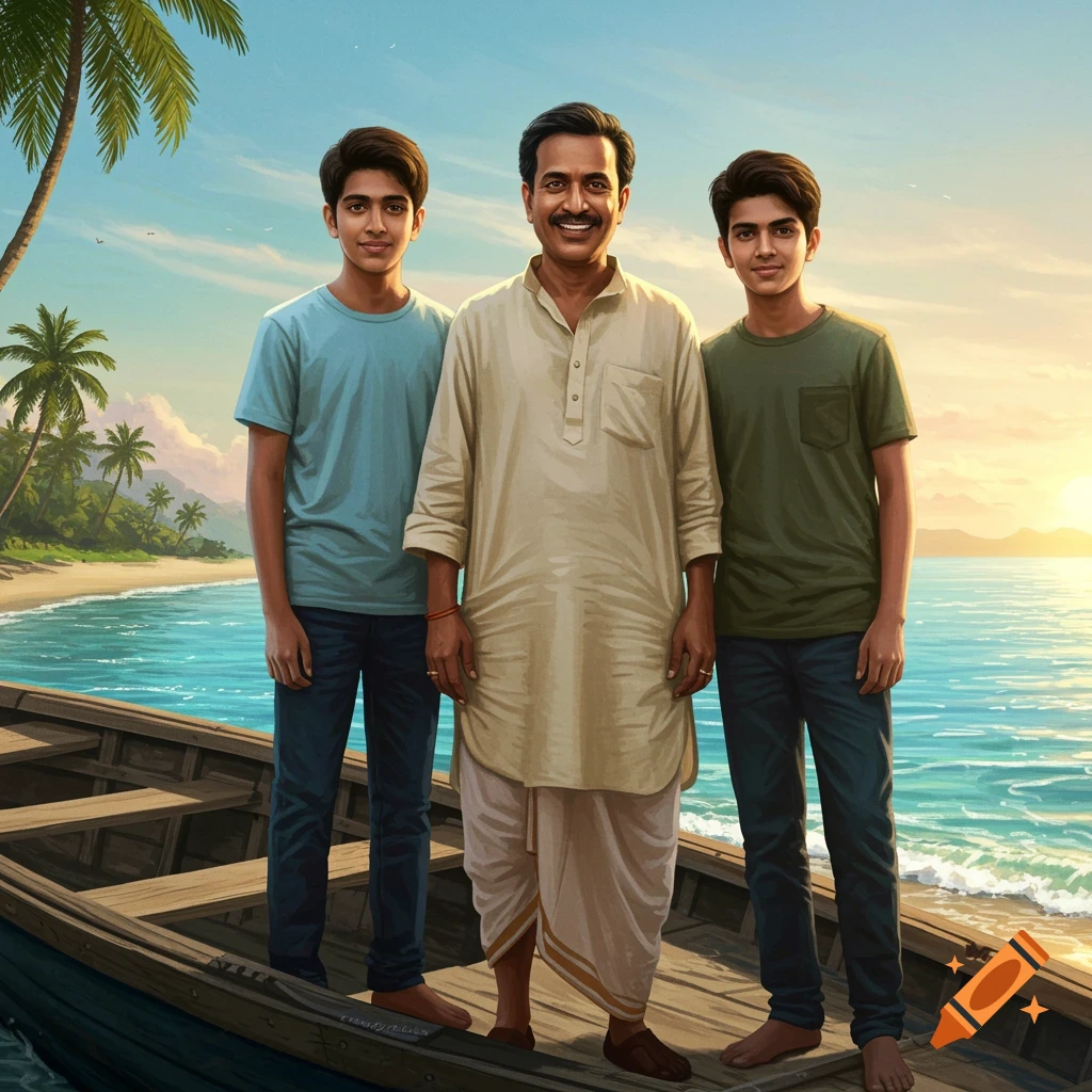 An Indian man and his two teenage sons stand on a boat near a beach at sunset in a painterly illustration.