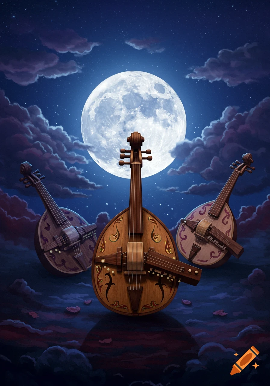 Three intricate hurdy gurdys stand under a large full moon in a starry night sky, illustration.