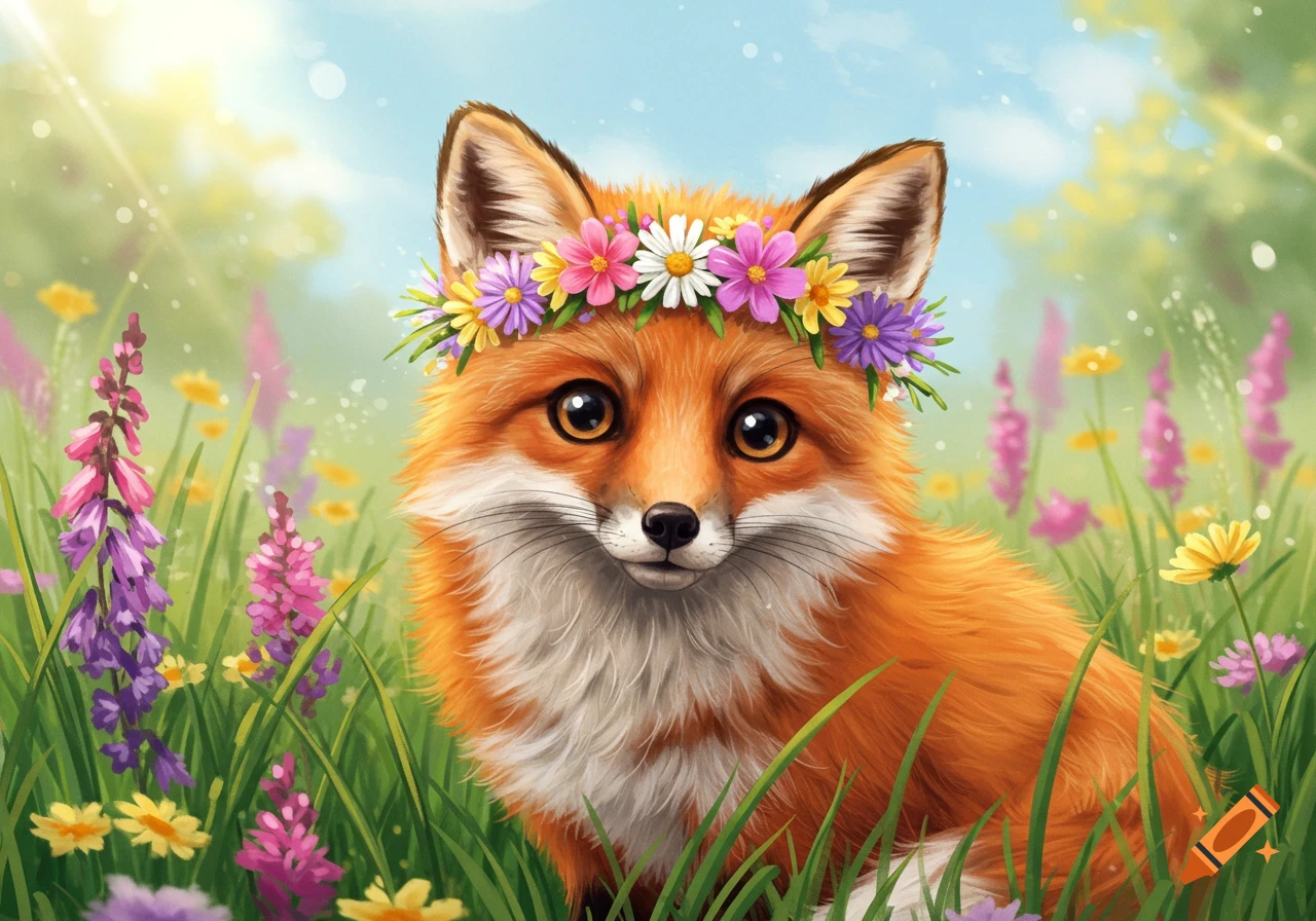 Cute illustrated fox with a flower crown in a spring meadow.