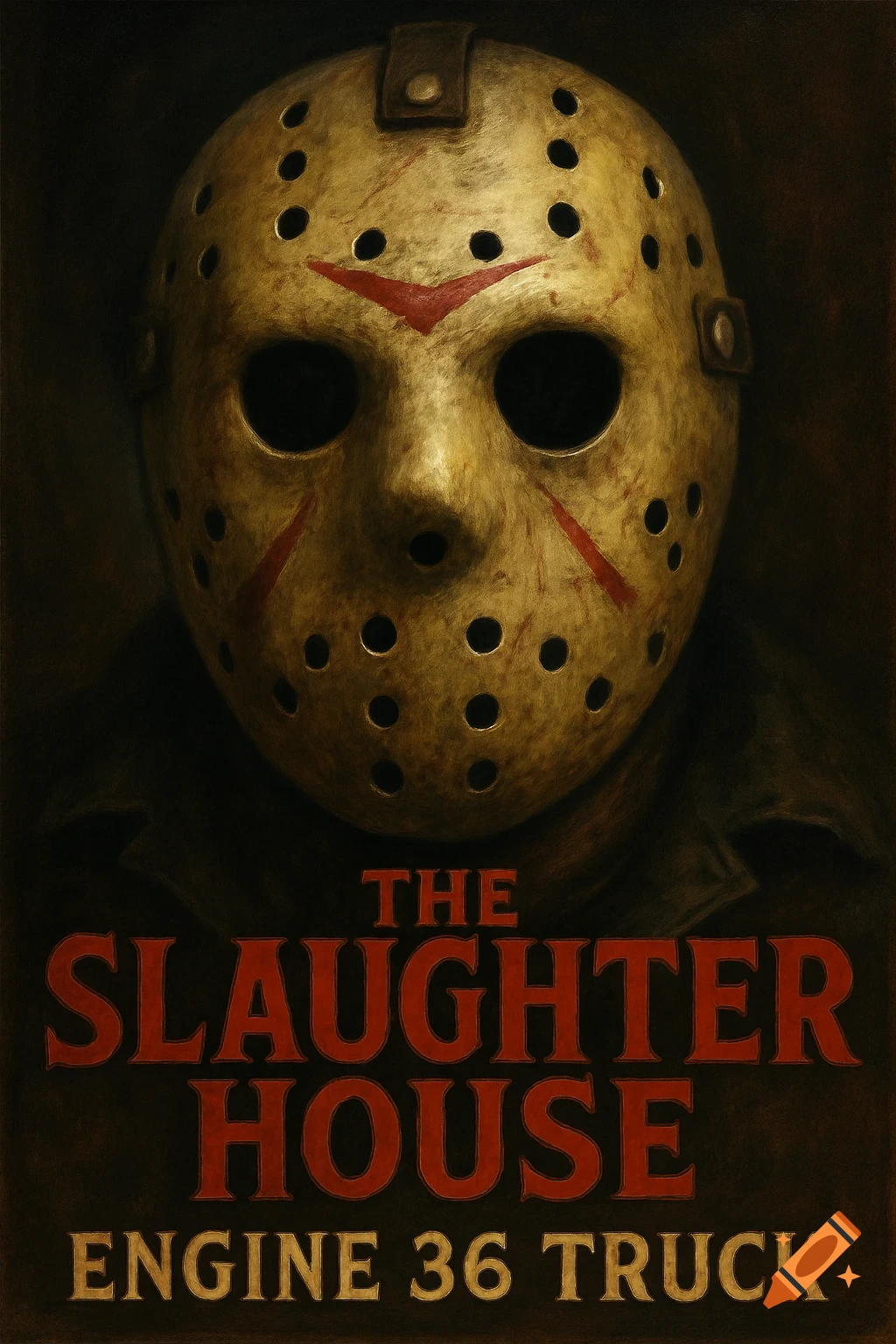 Close-up of a Jason Voorhees hockey mask with horror movie poster text below it.