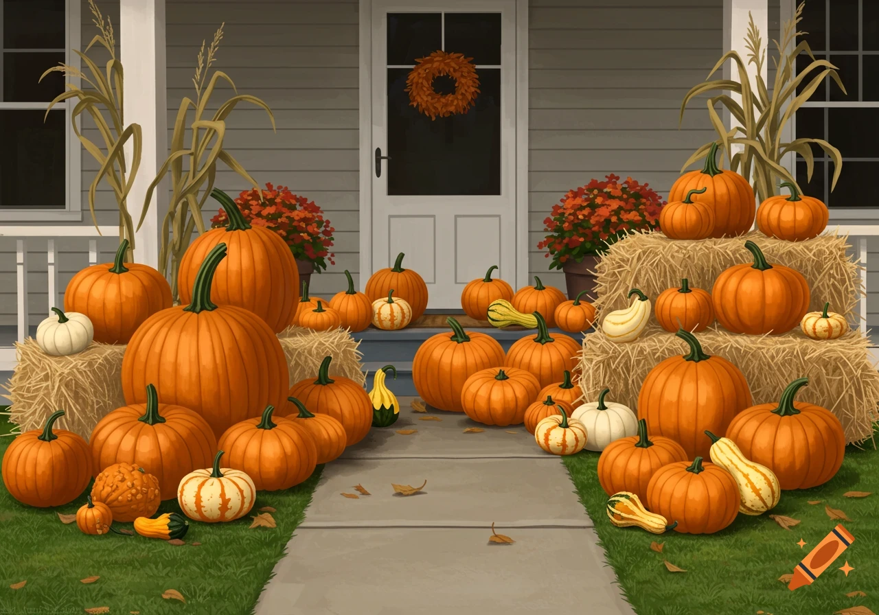 A front porch decorated for autumn with many pumpkins, gourds, hay bales, and corn stalks, in a painterly style.