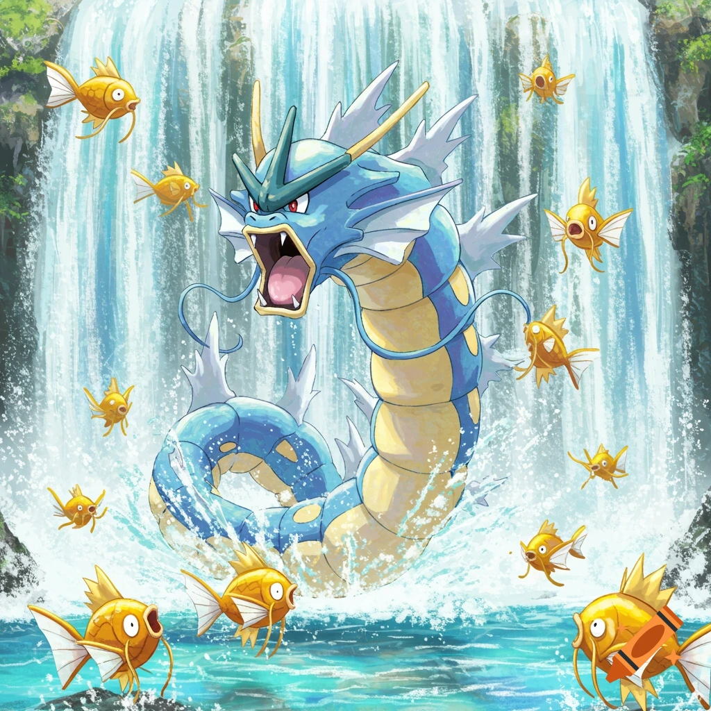 Gyarados and several Magikarp swim up a waterfall in a colorful anime style.