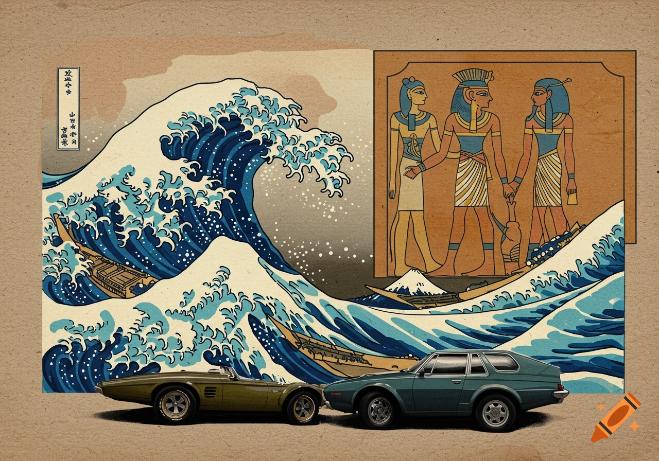 Collage art combining Japanese wave print, ancient Egyptian figures, and cars on a textured background.