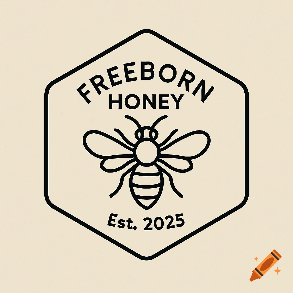 Line drawing logo of a bee inside a hexagon with text FREEBORN HONEY Est. 2025