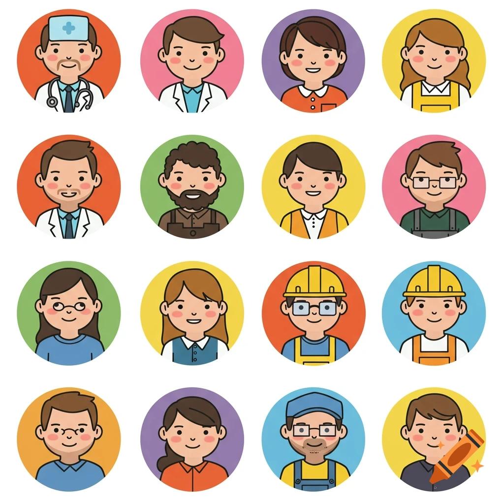 Grid of round cartoon icons depicting people in different professions like doctor, construction worker, and office worker.