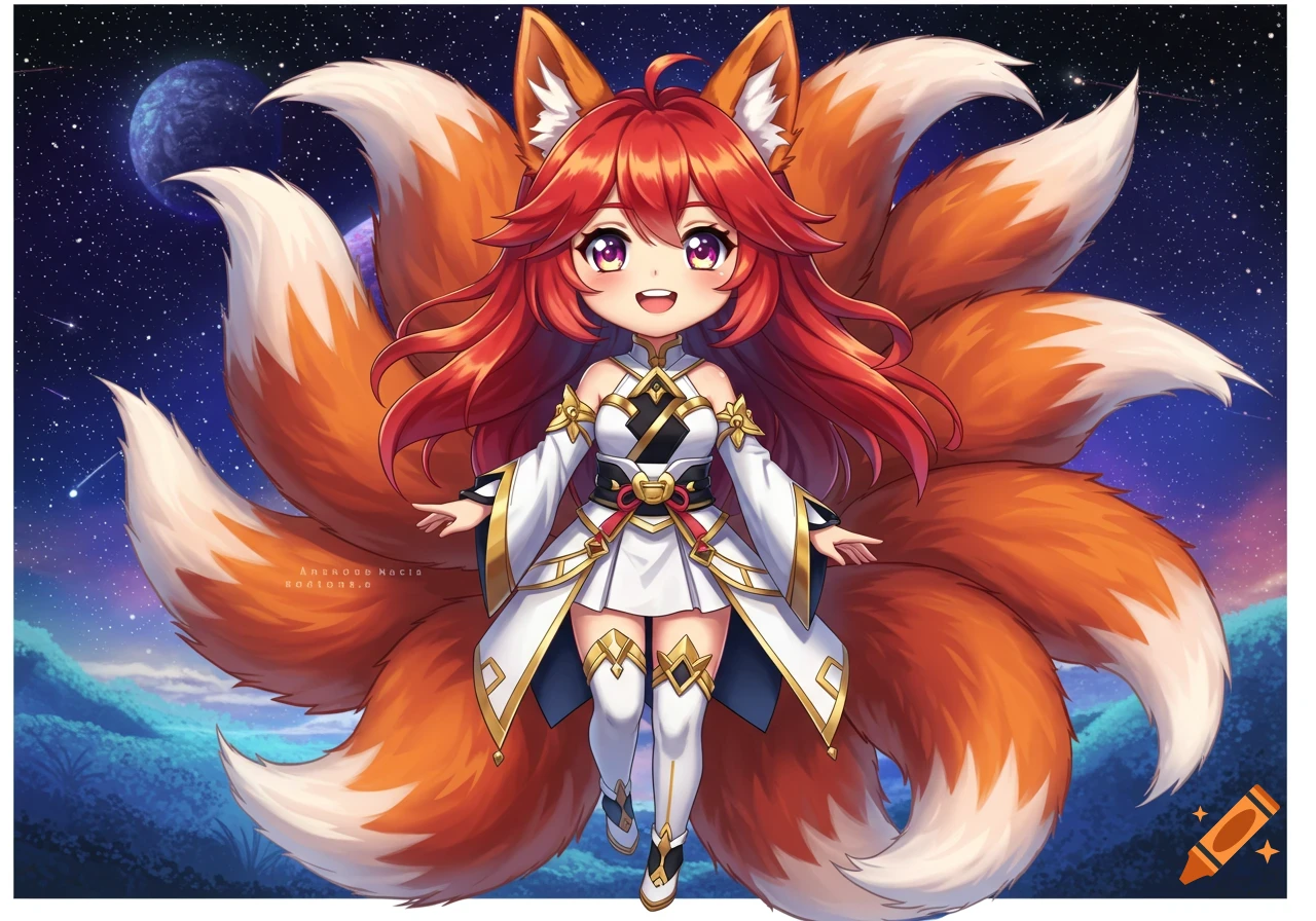 Cute anime fox girl with red hair and many tails in a fantasy outfit against a space background.