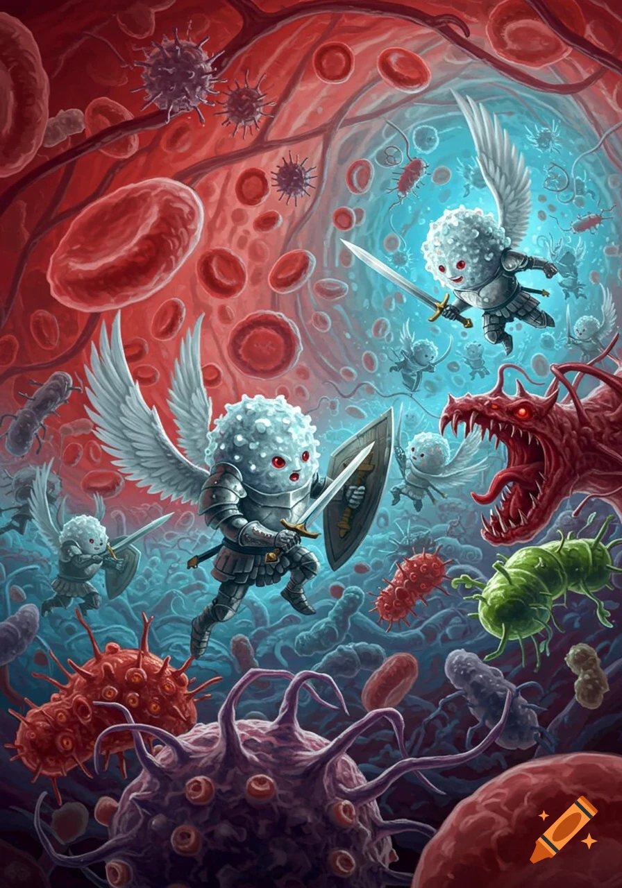 Stylized white blood cells with wings and armor fight bacteria, viruses, and a monster inside a blood vessel with red blood cells.