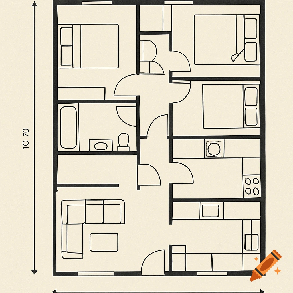 Black and white line drawing of a floor plan for a house.