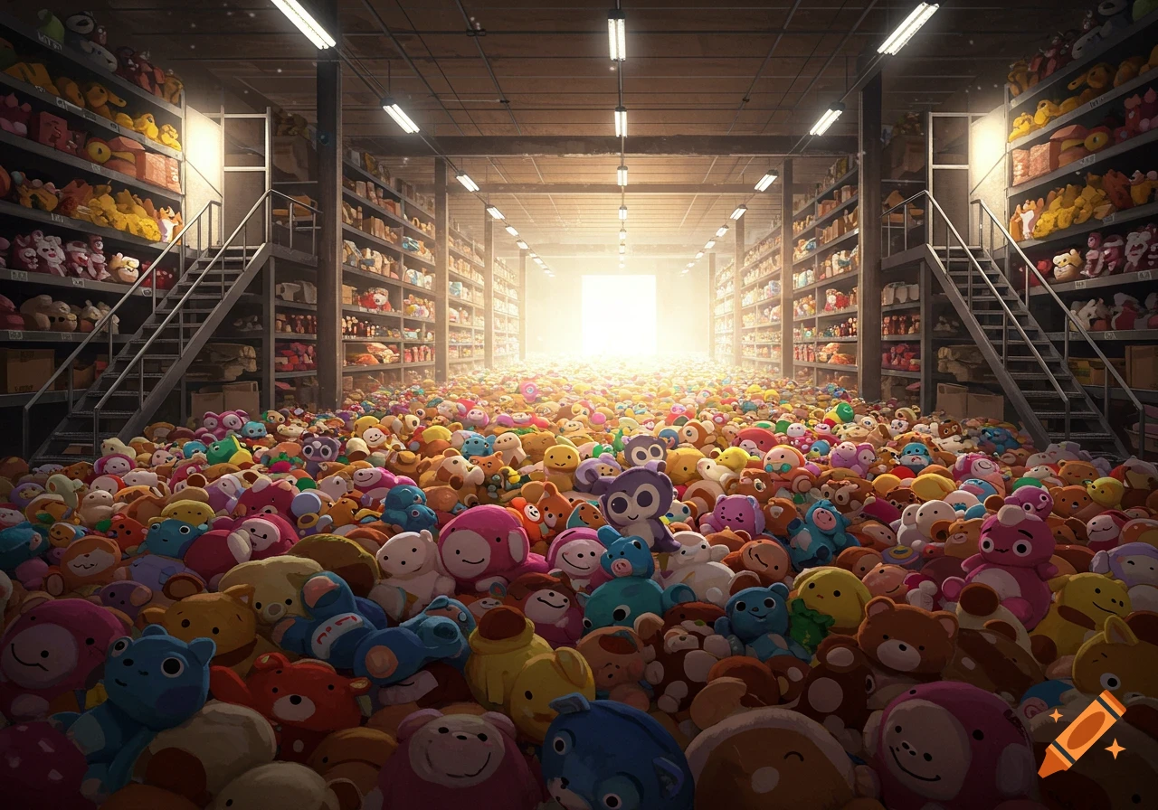 A warehouse aisle overflowing with colorful plush toys on the floor and shelves.