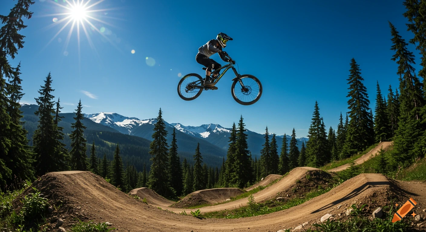Mountain biker jumps over a dirt ramp on a trail with mountains in the background.