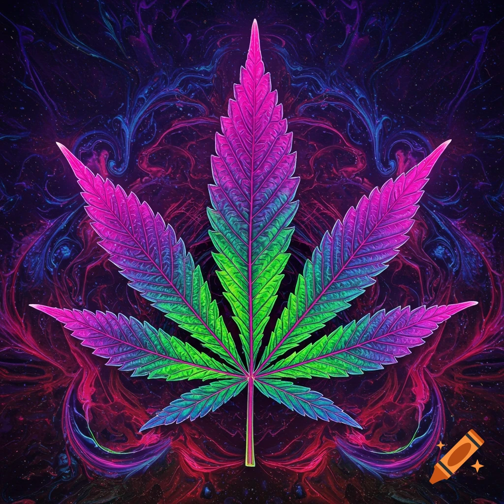 A vibrant, psychedelic cannabis leaf against a swirling blue and pink background.