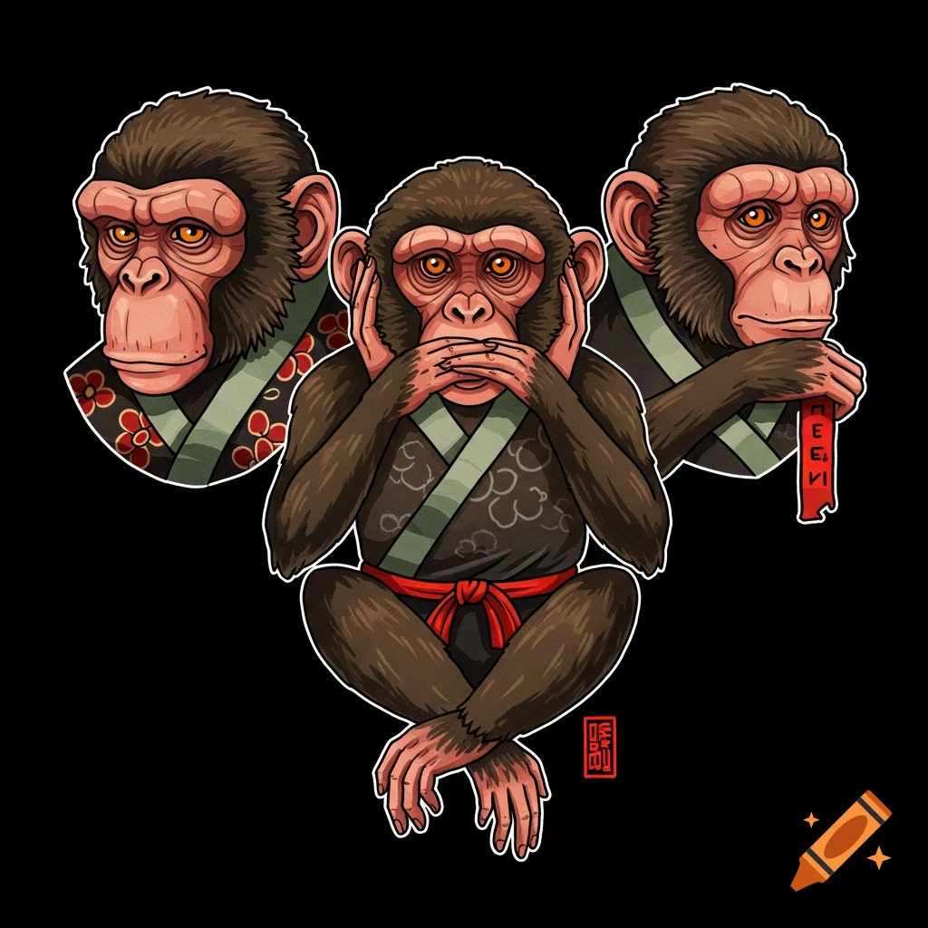 Illustration of three cartoon monkeys in martial arts outfits performing the see no evil, hear no evil, speak no evil poses.