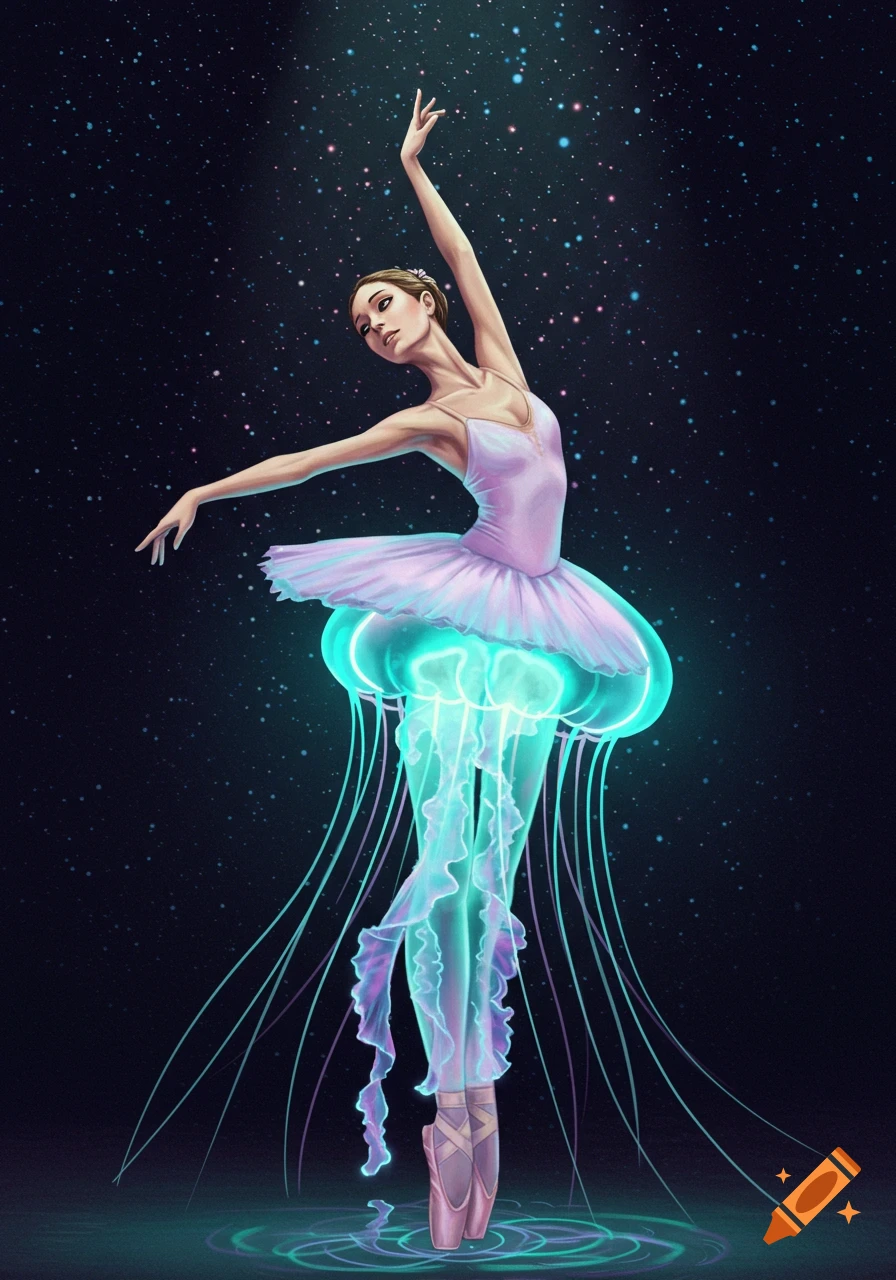 A ballerina with a glowing jellyfish lower body dances in starry space above water.