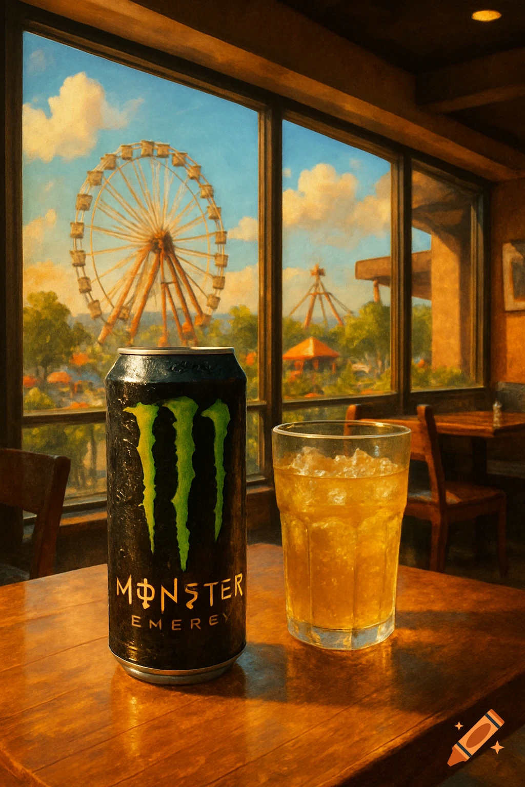 A Monster energy drink can and a glass of drink on a table in a cafe overlooking a Ferris wheel and amusement park in a digital painting style.