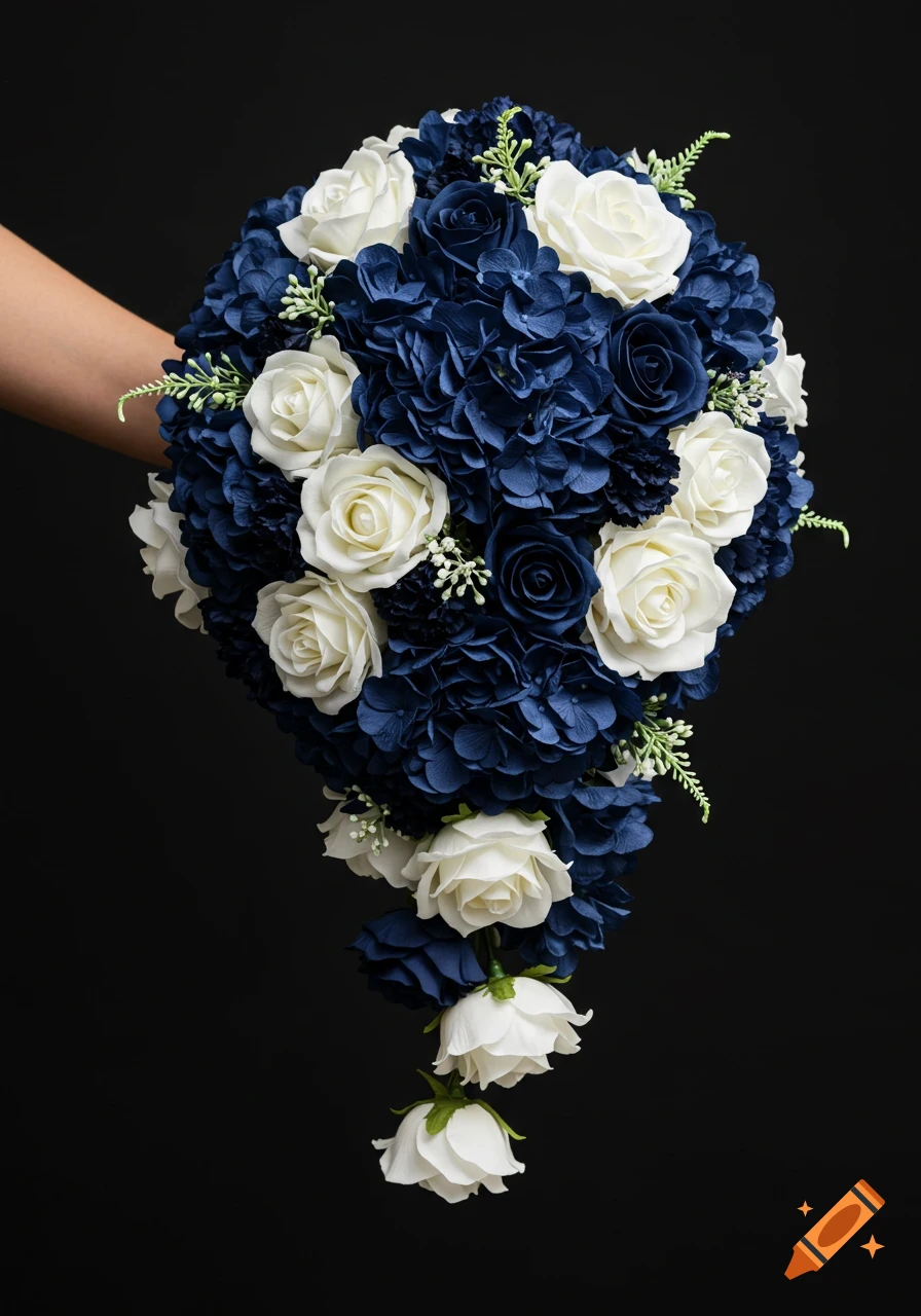 Hand holding a cascading bridal bouquet with white roses and navy blue hydrangeas against a black background.