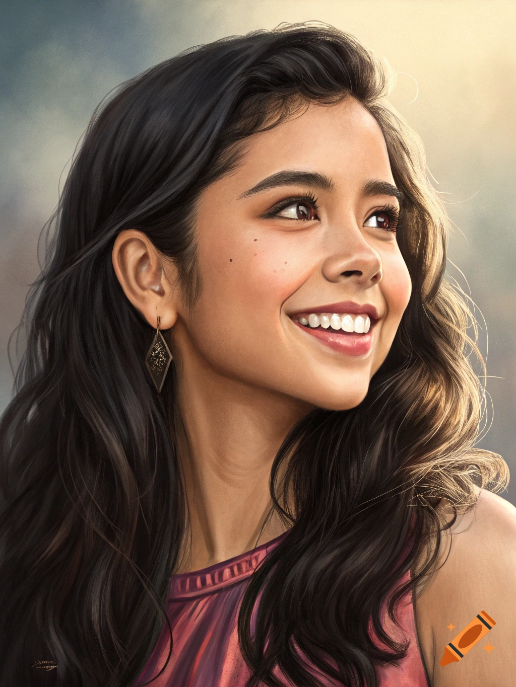 Close-up portrait of a smiling young woman with long dark hair looking up, against a sunlit background.