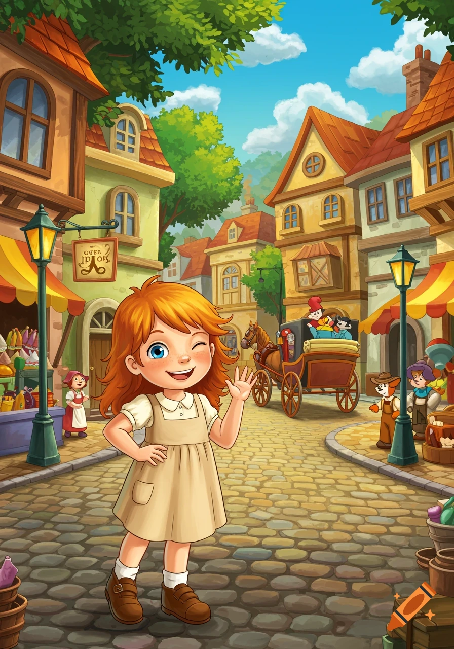 A cartoon girl winks and waves in a storybook town with a horse-drawn carriage in the background.