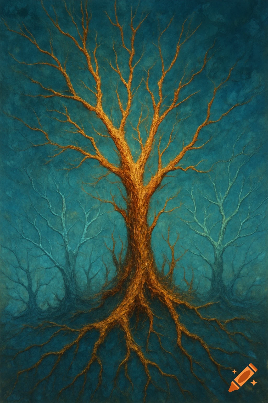 A stylized golden tree with extensive roots stands before muted blue trees against a blue background.