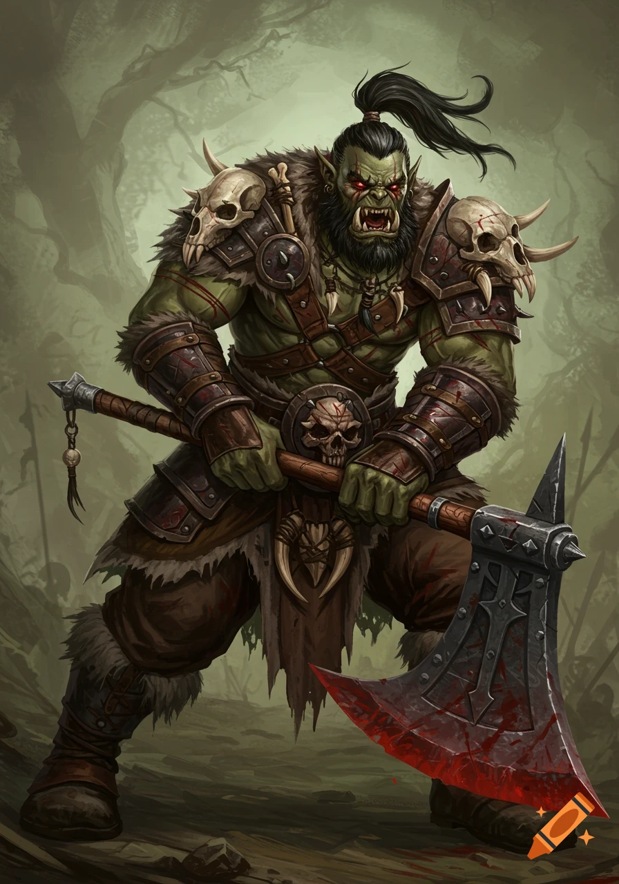 Fantasy illustration of a muscular green orc barbarian with red eyes, holding a large bloodied axe.