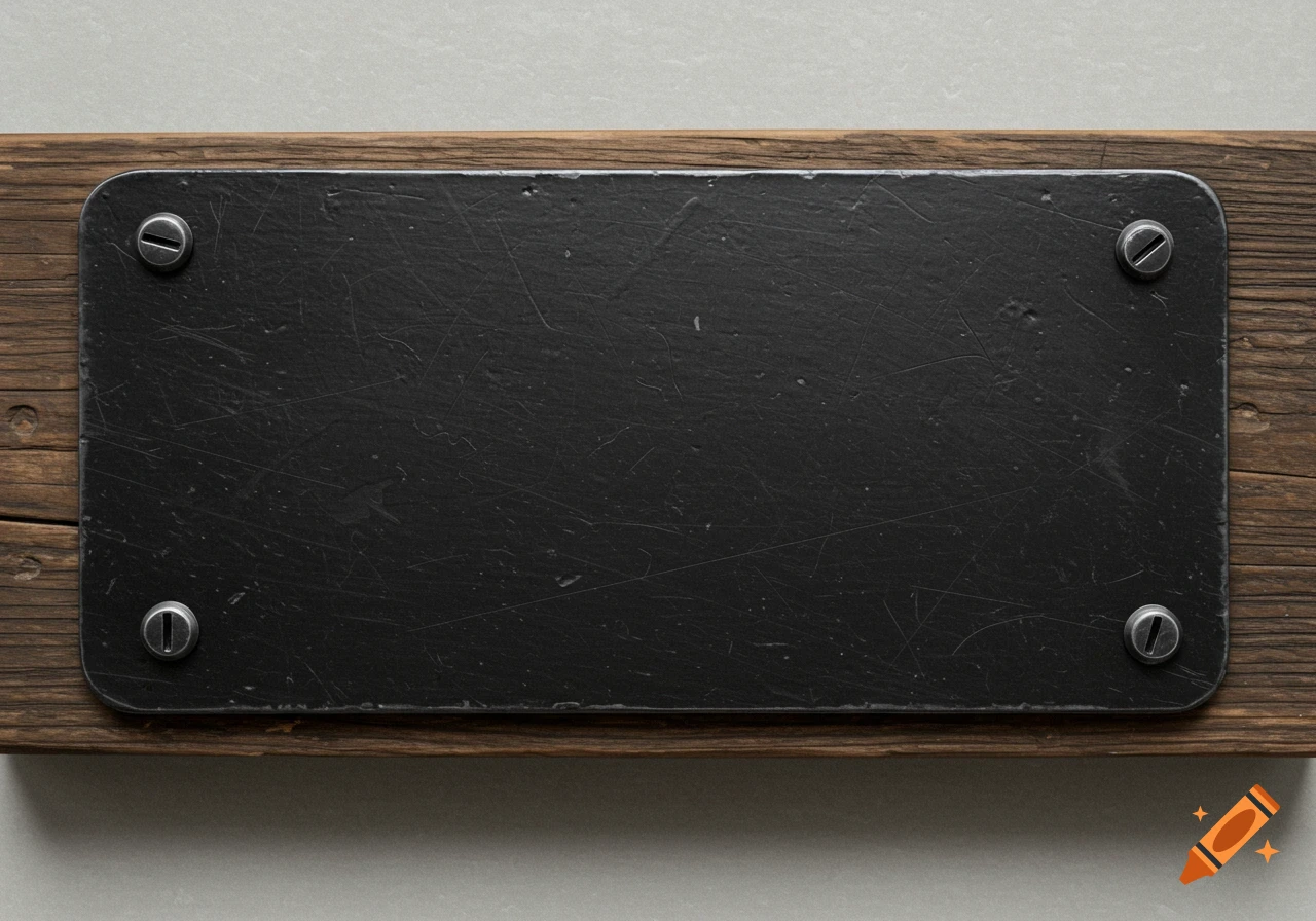 A scratched black metal plate bolted onto a rustic wooden plank.