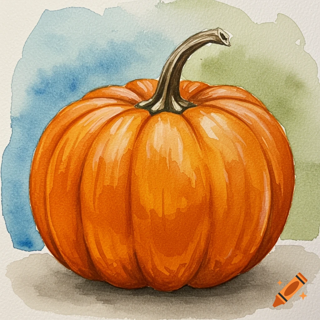 Watercolor painting of an orange pumpkin with a brown stem.