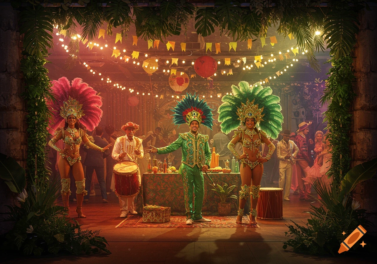 Samba dancers and a drummer perform at a vibrant indoor Carnival ...