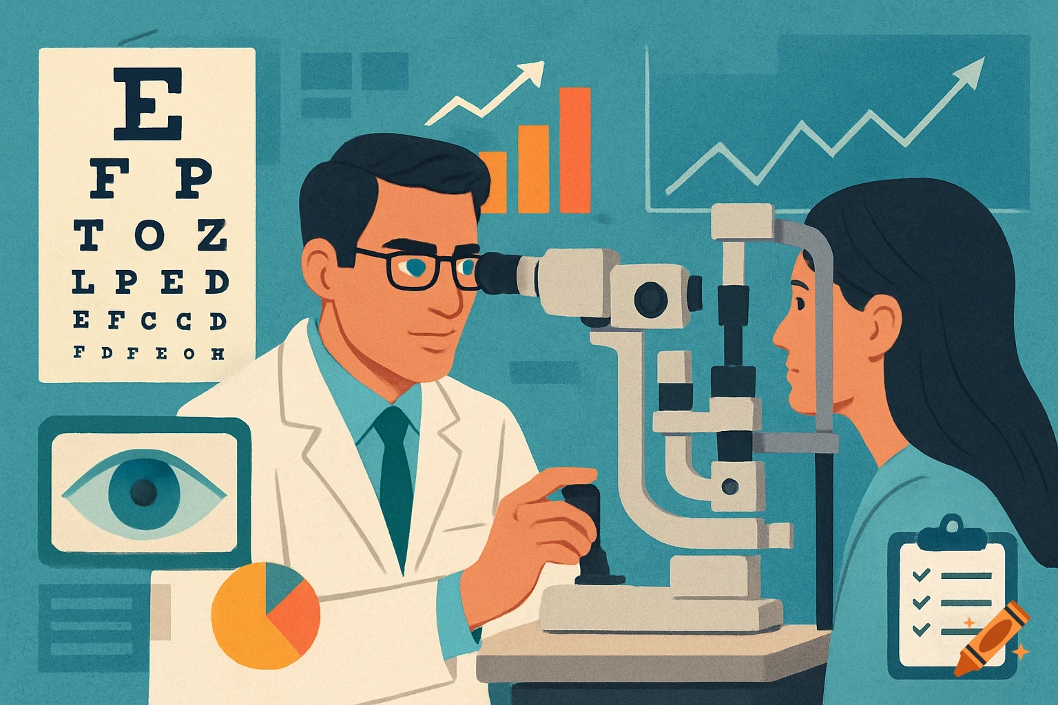 Stylized illustration of an eye doctor giving a patient an eye exam with charts and business data graphics.