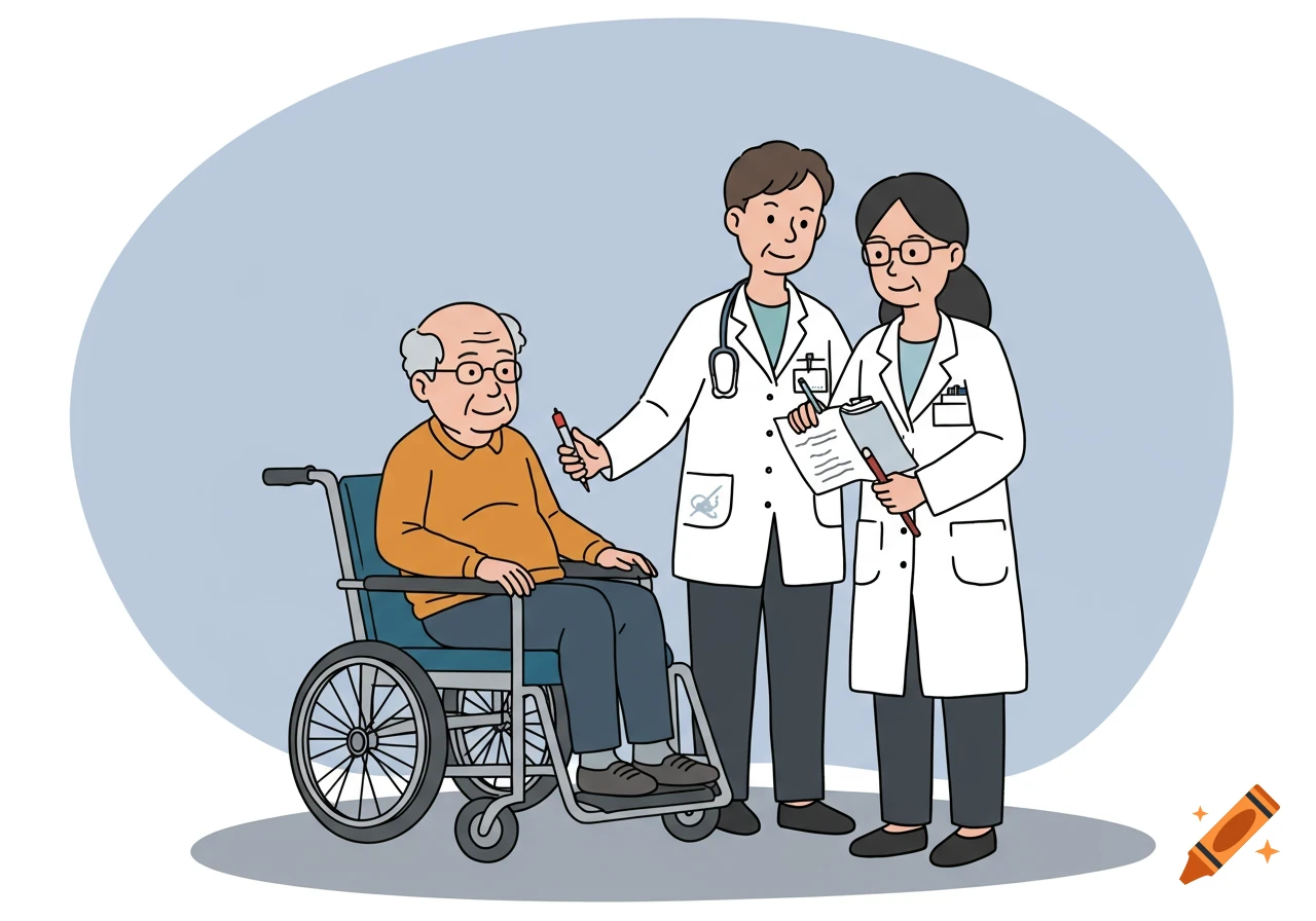 Cartoon illustration of an elderly man in a wheelchair with two doctors reviewing a chart.