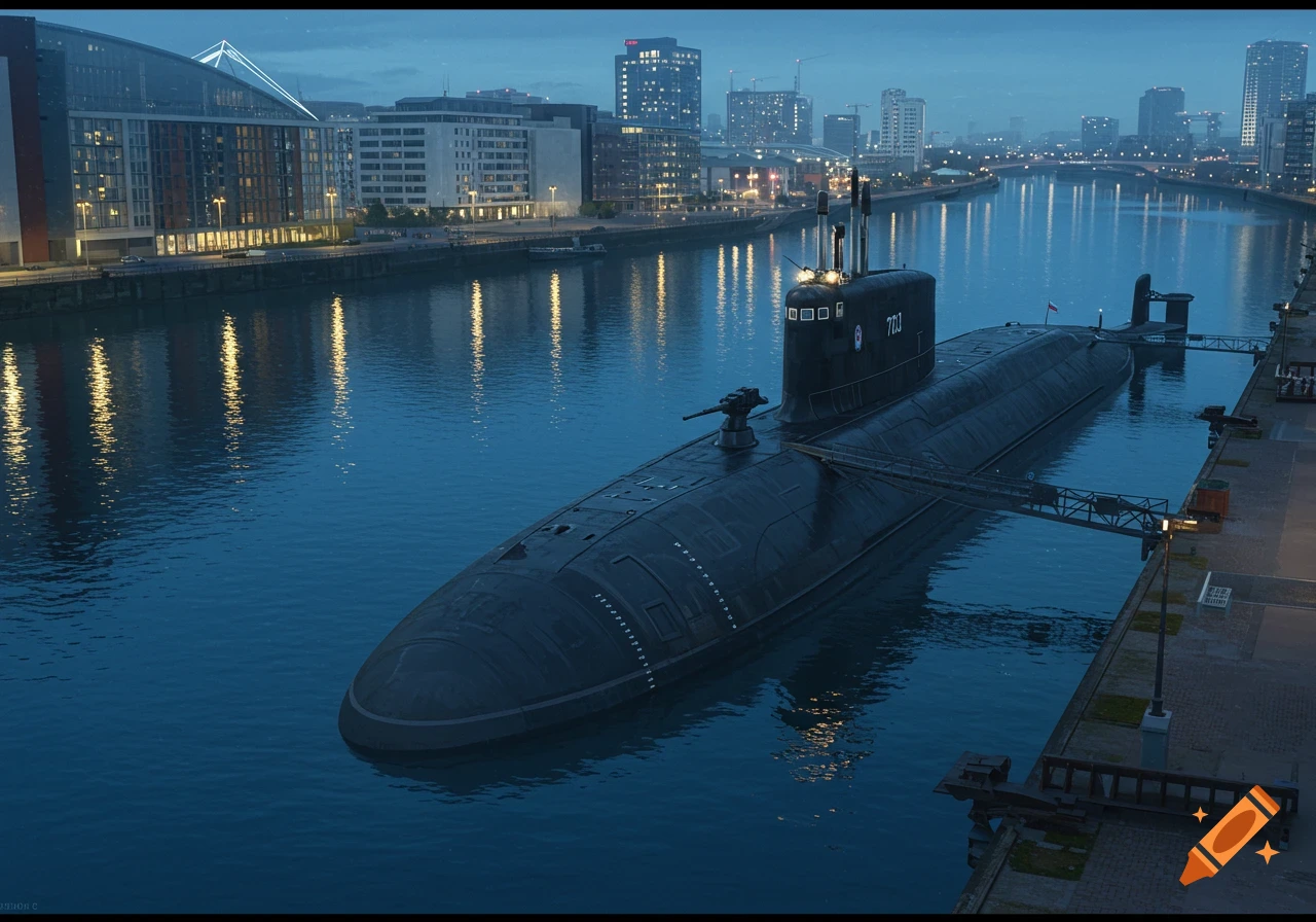 A submarine is docked at a quay in a city with buildings along the river.