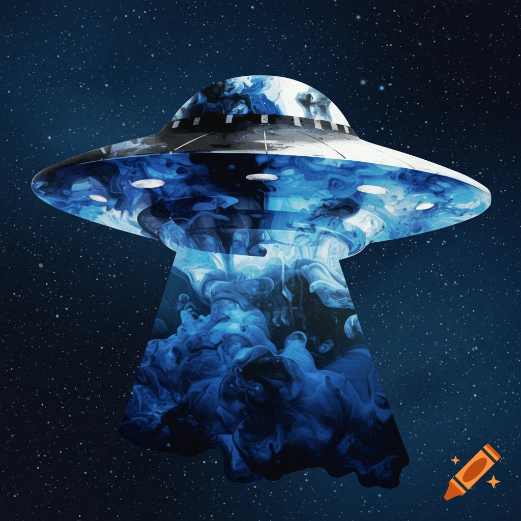 An abstract UFO shape filled with blue ink blot patterns hovers in a starry dark blue space.