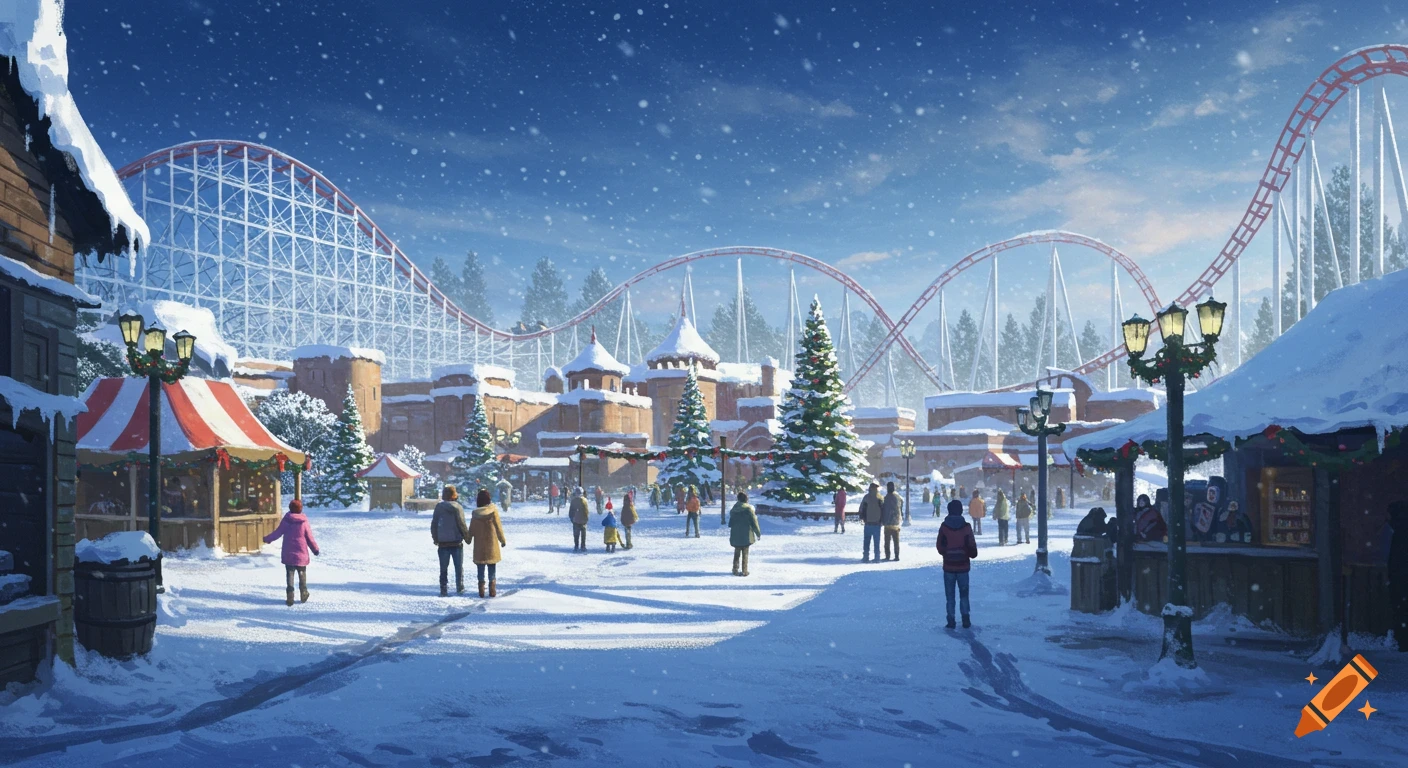 Illustration of a snow-covered theme park with a roller coaster, buildings, trees, and people.