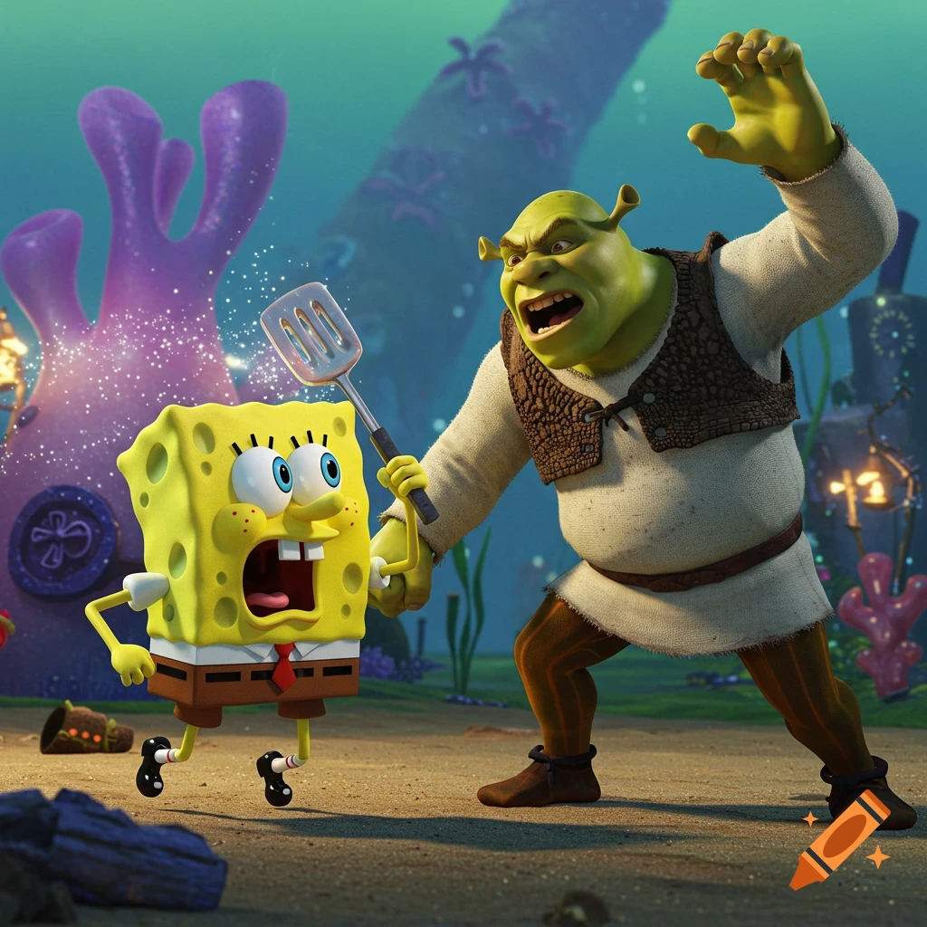 Spongebob Squarepants fights Shrek underwater with a spatula in 3D animation style.