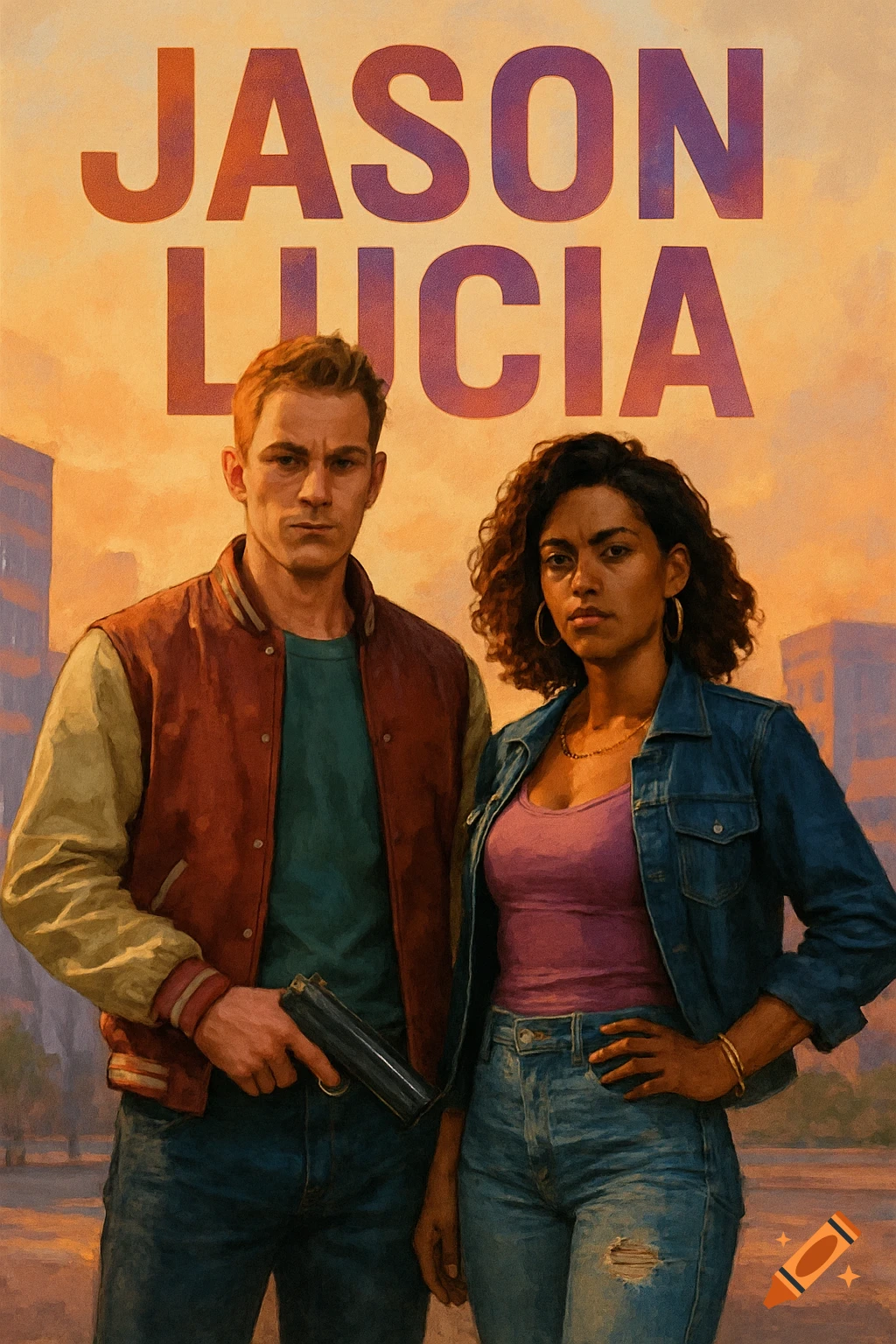 Poster art of Jason and Lucia standing together against a cityscape ...