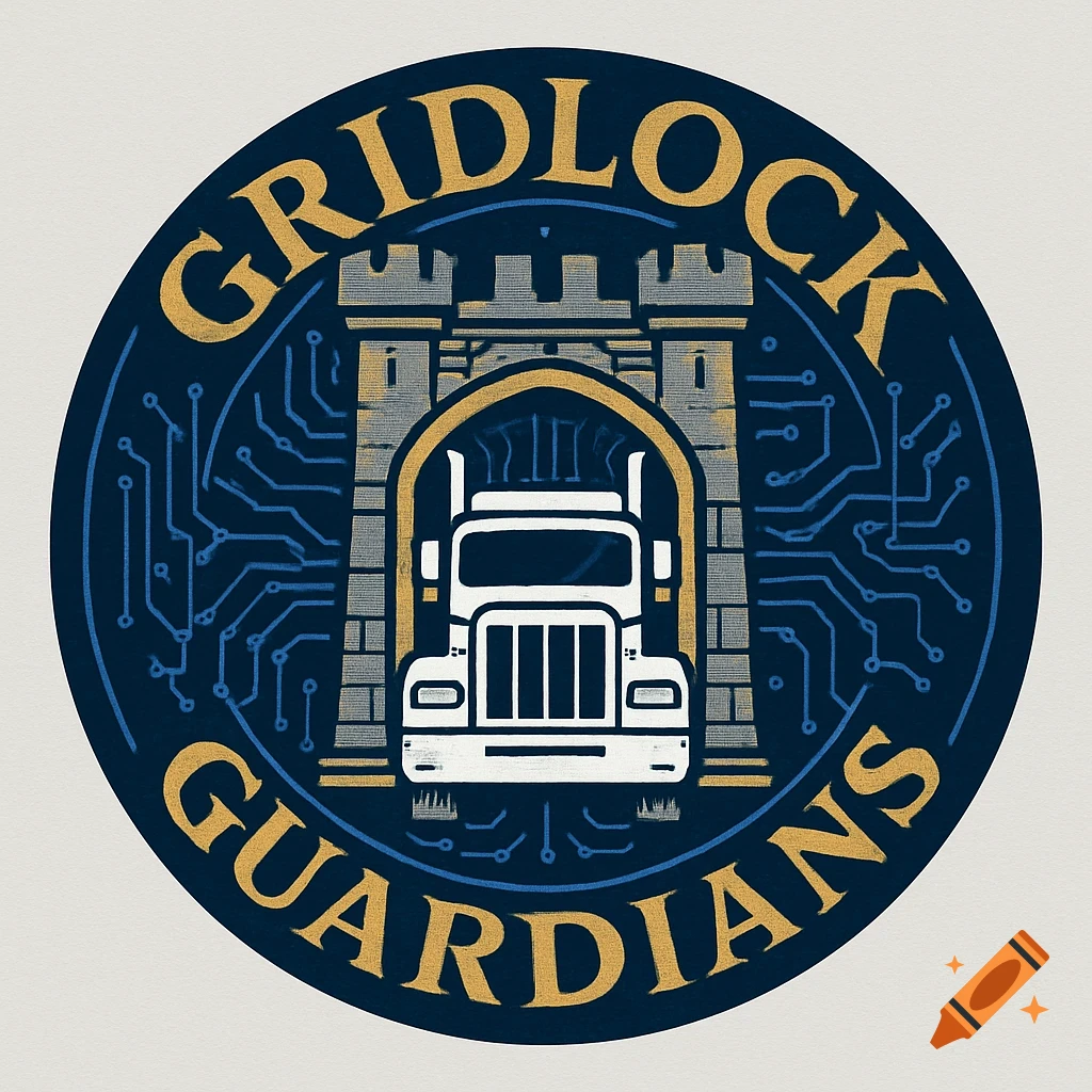 Circular logo with a white semi truck in a medieval gate, circuit pattern background, and 'Gridlock Guardians' text.