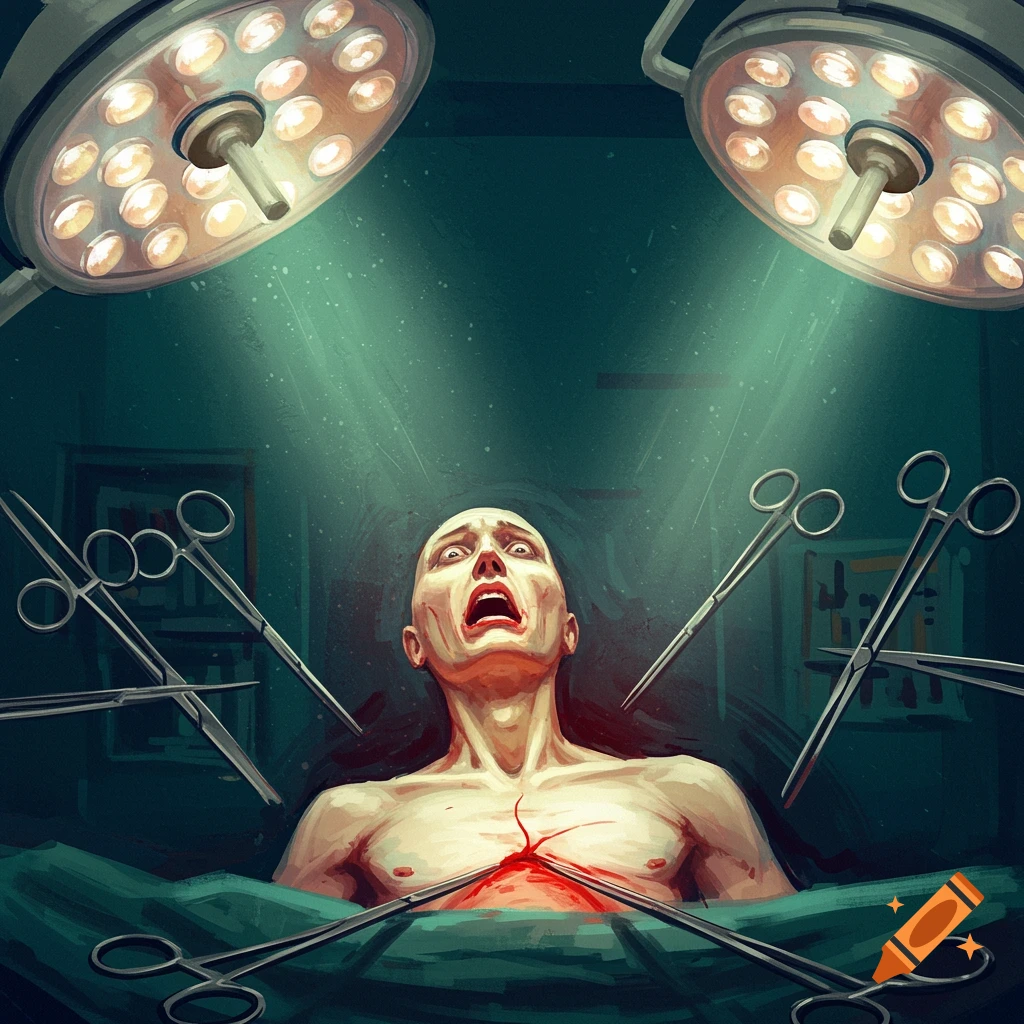 Stylized illustration of a person lying on an operating table under lights with surgical scissors and clamps around them.