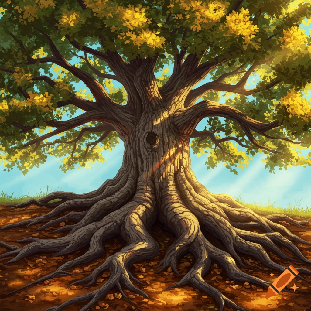 Large tree with exposed roots in sunlight, stylized illustration.