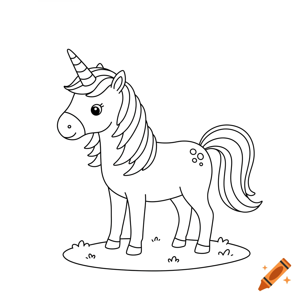 A black and white outline drawing of a cartoon unicorn standing on grass, suitable for coloring.
