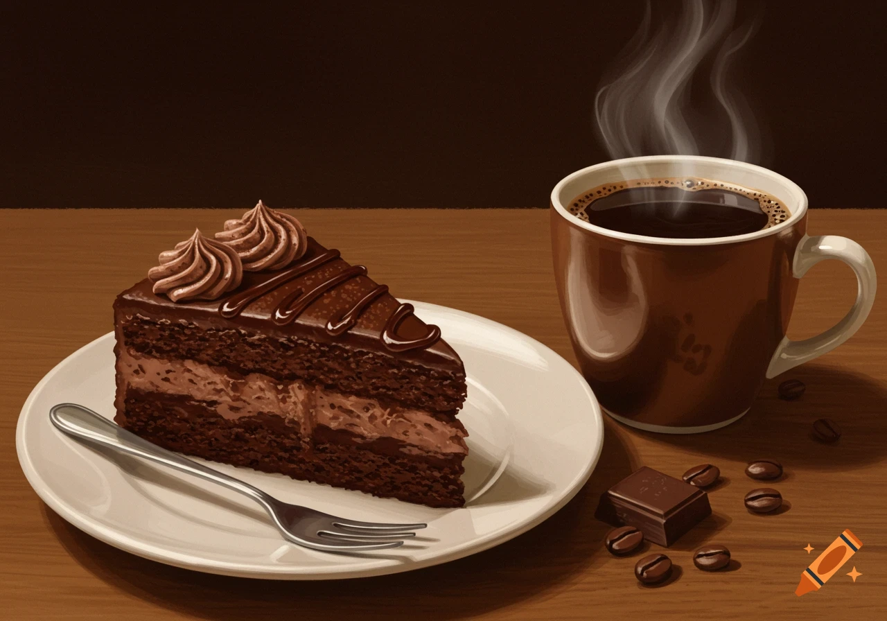 Illustration of a slice of chocolate cake, coffee, chocolate squares, and coffee beans on a table.