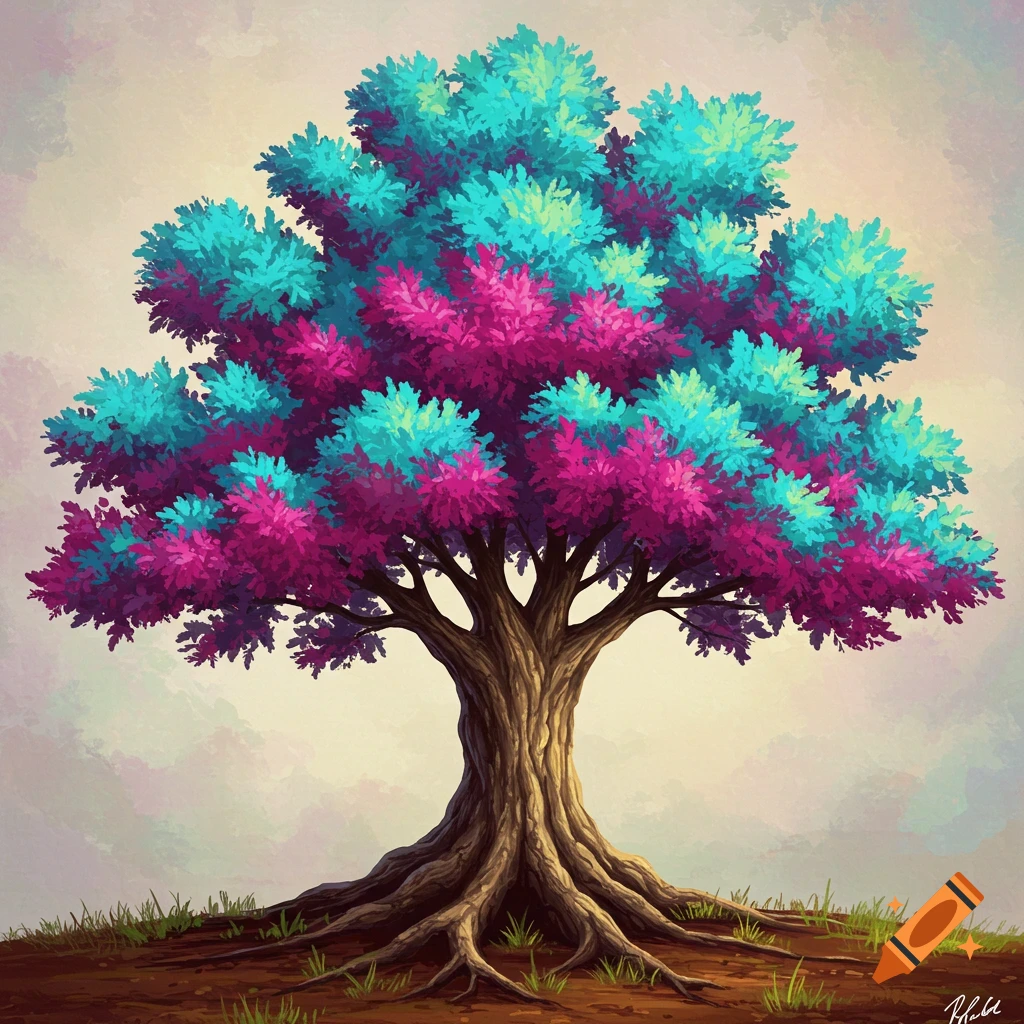 An illustration of a tree with vibrant pink and blue leaves.