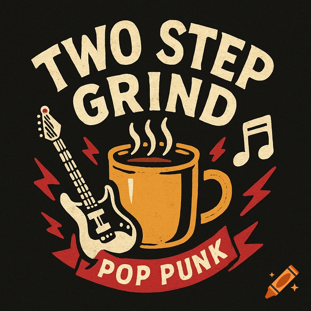 Graphic logo for 'Two Step Grind Pop Punk' with coffee mug, guitar, notes, and lightning.