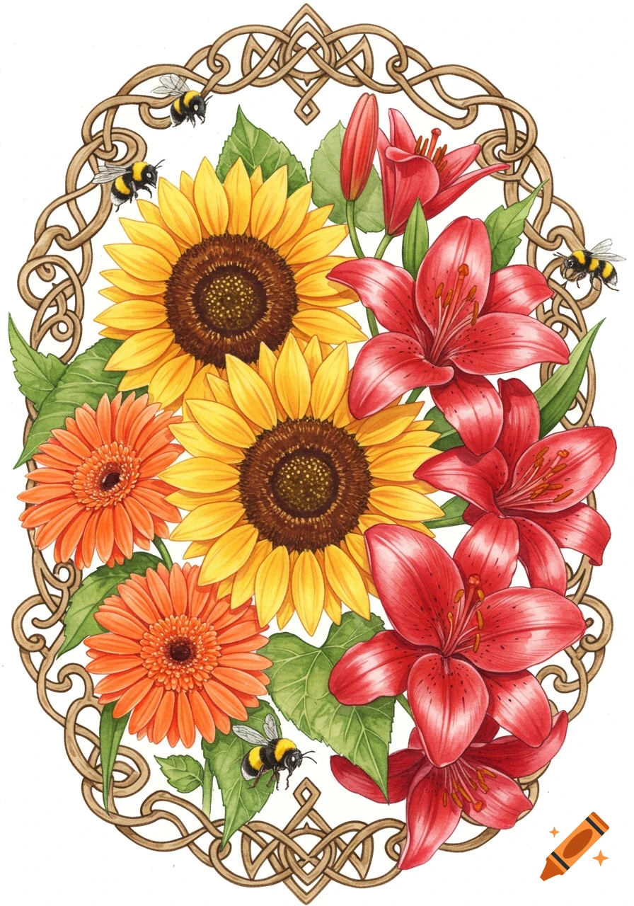 Watercolor illustration of sunflowers, gerberas, red lilies, and bumblebees within a Celtic knotwork frame.