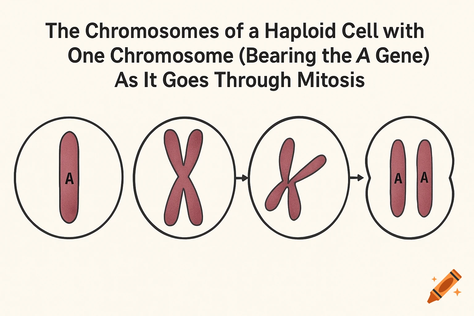 Diagram shows mitosis of a single haploid chromosome with the A gene.